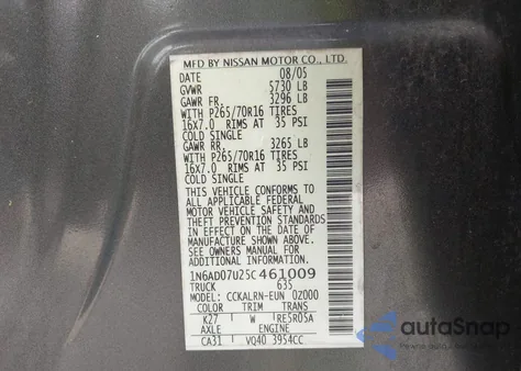 2005 Nissan Frontier Se from USA, damaged, VIN 1N6AD07U25C461009